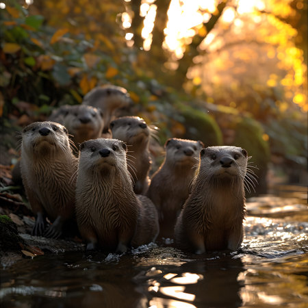 Otter family at the bank of the forest river with setting sun shining. Group of wild animals in nature.の素材