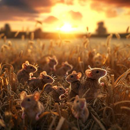 Mice in the harvested field in summer evening with setting sun. Group of wild animals in nature.の素材