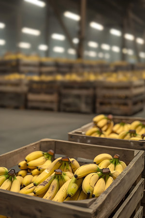 Banana bunches harvested in wooden boxes in a warehouse. Natural organic fruit abundance. Healthy and natural food storing and shipping concept.の素材
