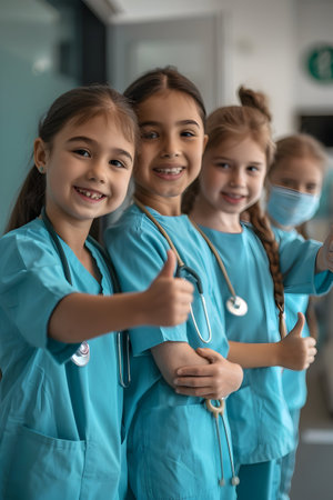 Group of children doing their dream job as Nurses inside a hospital. Concept of Teamwork, Creativity, Happiness and Dream come true.の素材