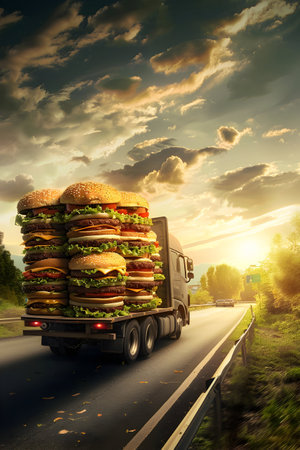 Cargo truck full of hamburgers on the road in the american countryside and sunset. Concept of high quality food products, cargo and shipping.の素材