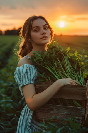 Beautiful young farmer woman holding a wooden box full of fresh celery standing in the field with sunset. Concept of healthy lifestyle, local farming and beauty.の素材