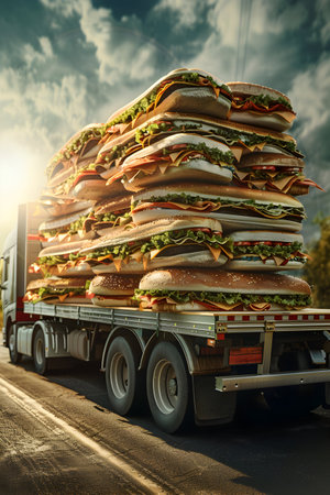 Truck with hamburgers on the road. Fast food concept.の素材