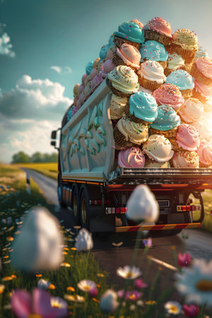 Cargo truck full of ice creams on the road in the summer countryside. Concept of high quality food products, summer refreshment, cargo and shipping.の素材