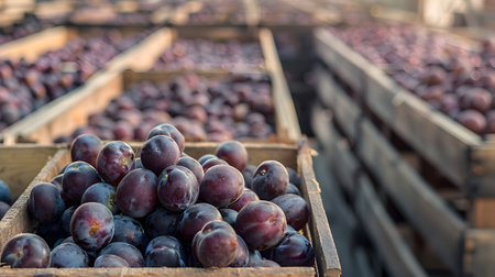 Round plums harvested in wooden boxes in a warehouse. Natural organic fruit abundance. Healthy and natural food storing and shipping concept.の素材