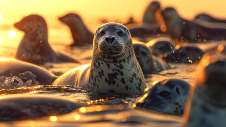 Seal family in the ocean water with setting sun shining. Group of wild animals in nature.の素材