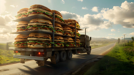 Truck with a large stack of hamburgers on the roadの素材