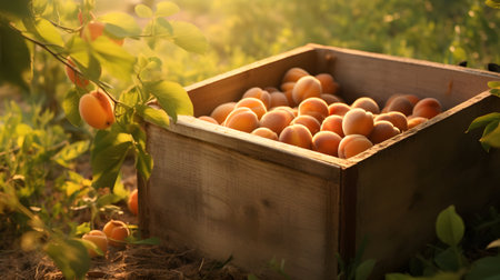 Apricots harvested in a wooden box in an orchard with sunset. Natural organic fruit abundance. Agriculture, healthy and natural food concept.の素材