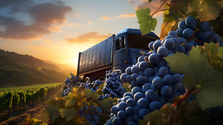 Cargo truck carrying blue wine grape fruit in a vineyard with sunset. Concept of food production, transportation, cargo and shipping.の素材