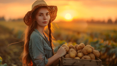 Beautiful young farmer woman holding a wooden box full of fresh potatoes standing in the field with sunset. Concept of healthy lifestyle, local farming and beauty.の素材