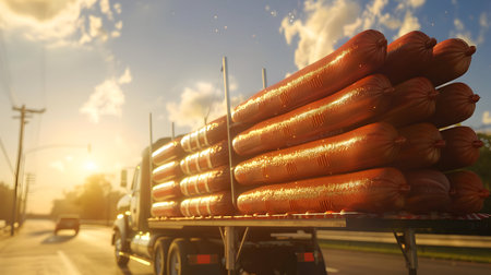 Cargo truck full of sausages on the road in the american countryside and sunset. Concept of high quality food products, cargo and shipping.の素材
