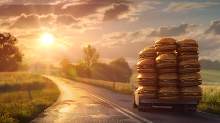 Cargo truck full of hamburgers on the road in the american countryside and sunset. Concept of high quality food products, cargo and shipping.の素材