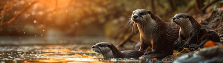 Otter family at the bank of the forest river with setting sun shining. Group of wild animals in nature. Horizontal, banner.の素材