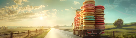 Cargo truck full of macarons on the road in the french countryside and sunset. Concept of high quality food products, cargo and shipping.の素材