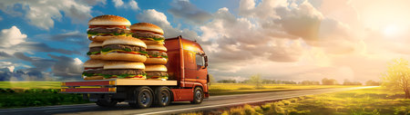 Cargo truck full of hamburgers on the road in the american countryside and sunset. Concept of high quality food products, cargo and shipping.の素材
