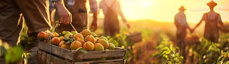 Group of farmers holding wooden boxes full of fresh fruits standing in the orchard with sunset. Concept of healthy lifestyle, local farming and sustainability.の素材