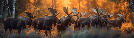 Moose family in the forest in summer evening with setting sun. Group of wild animals in nature. Horizontal, banner.の素材