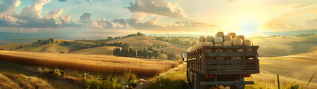 Cargo truck full of cheese products on the road in the pasture with sheep in a tuscany countryside and sunset. Concept of high quality food products, local farming, cargo and shipping.の素材