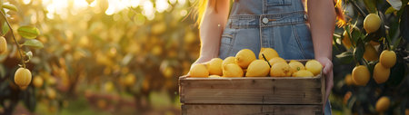 Beautiful young farmer woman holding a wooden box full of fresh lemon fruits standing in the plantation with sunset. Concept of healthy lifestyle, local farming and beauty.の素材
