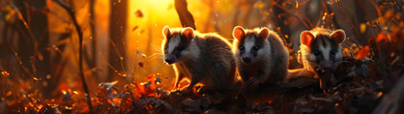 Opossum family in the forest with setting sun shining. Group of wild animals in nature. Horizontal, banner.の素材