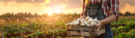 Beautiful young farmer woman holding a wooden box full of fresh celery standing in the field with sunset. Concept of healthy lifestyle, local farming and beauty.の素材