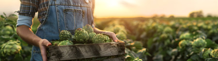 Beautiful young farmer woman holding a wooden box full of artichoke vegetable standing in the field with sunset. Concept of healthy lifestyle, local farming and beauty.の素材