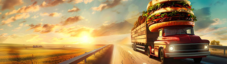 Truck with hamburgers on the road at sunset.の素材