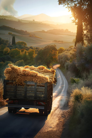 Cargo truck full of pasta products on the road in the pasture with sheep in a tuscany countryside and sunset. Concept of high quality food products, local farming, cargo and shipping.の素材