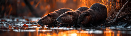 Beaver family sitting at the bank of the forest river with setting sun. Group of wild animals in nature. Horizontal, banner.の素材