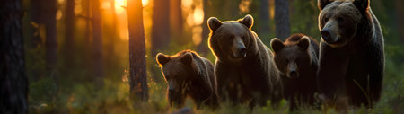 Brown bear family standing in front of the camera in the forest with setting sun. Group of wild animals in nature. Horizontal, banner.の素材