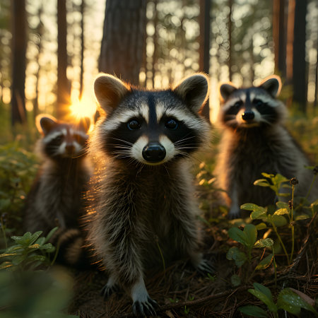 Racoon family in the forest with setting sun shining. Group of wild animals in nature.の素材