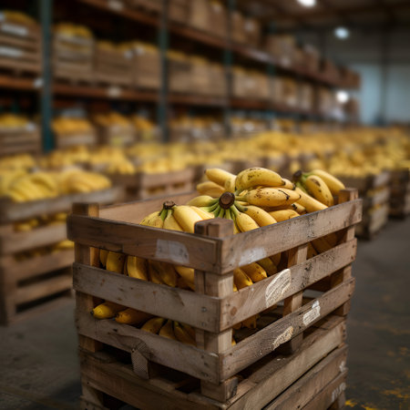 Banana bunches harvested in wooden boxes in a warehouse. Natural organic fruit abundance. Healthy and natural food storing and shipping concept.の素材