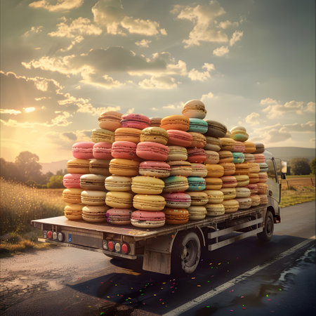 Cargo truck full of macarons on the road in the french countryside and sunset. Concept of high quality food products, cargo and shipping.の素材