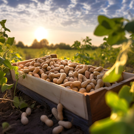 Peanuts harvested in a wooden box in a plantation with sunset. Natural organic fruit abundance. Agriculture, healthy and natural food concept. Square composition.の素材