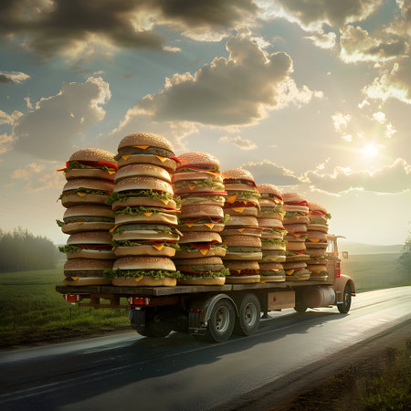 Cargo truck full of hamburgers on the road in the american countryside and sunset. Concept of high quality food products, cargo and shipping.の素材