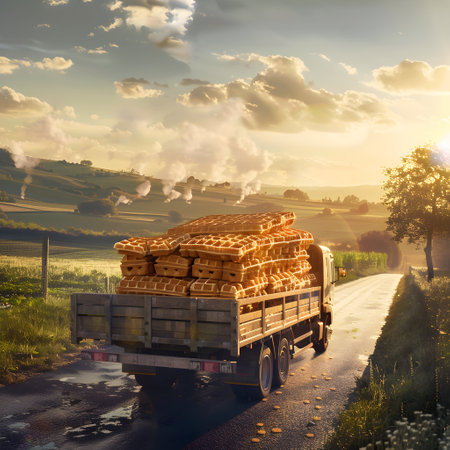 Cargo truck full of waffles on the road in the french countryside and sunset. Concept of high quality food products, cargo and shipping.の素材