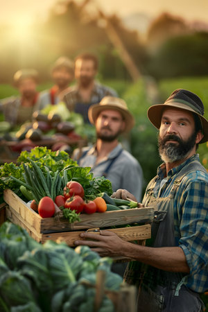 Group of farmers holding wooden boxes full of fresh vegetables standing in the field with sunset. Concept of healthy lifestyle, local farming and sustainability.の素材
