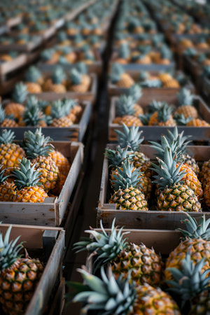 Pineapple bunches harvested in wooden boxes in a warehouse. Natural organic fruit abundance. Healthy and natural food storing and shipping concept.の素材