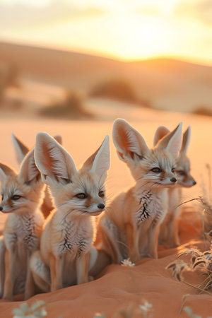 Fennec family sitting in the desert with setting sun shining. Group of wild animals in nature.の素材