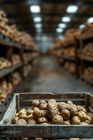 Potatoes harvested in wooden boxes in a warehouse. Natural organic fruit abundance. Healthy and natural food storing and shipping concept.の素材