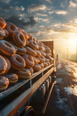 Truck with freshly baked doughnuts on the background of the sunset.の素材