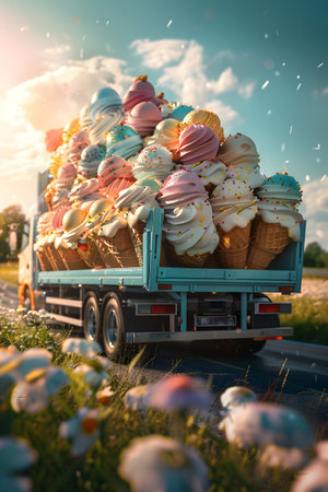 Cargo truck full of ice creams on the road in the summer countryside. Concept of high quality food products, summer refreshment, cargo and shipping.の素材