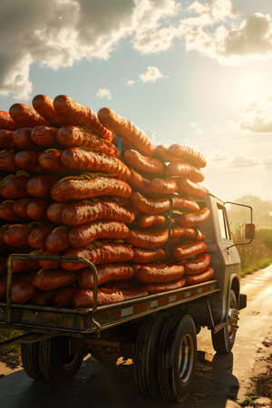 Cargo truck full of hot dogs on the road in the american countryside and sunset. Concept of high quality food products, cargo and shipping.の素材