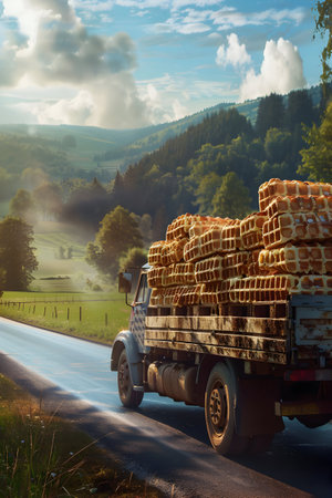 Cargo truck full of waffles on the road in the french countryside and sunset. Concept of high quality food products, cargo and shipping.の素材