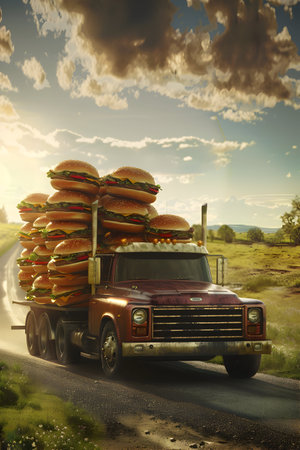 Cargo truck full of hamburgers on the road in the american countryside and sunset. Concept of high quality food products, cargo and shipping.の素材
