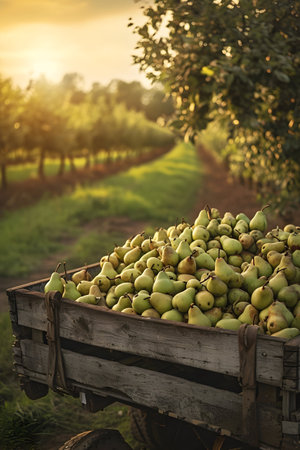 Cargo truck carrying green pear fruit in an orchard with sunset. Concept of food production, transportation, cargo and shipping.の素材