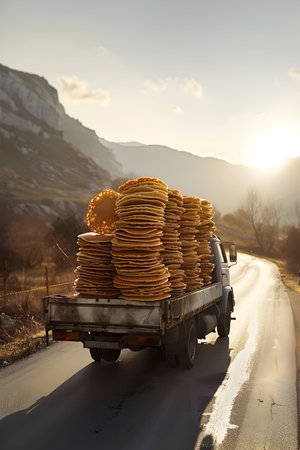 Cargo truck full of pancakes on the road in the french countryside and sunset. Concept of high quality food products, cargo and shipping.の素材