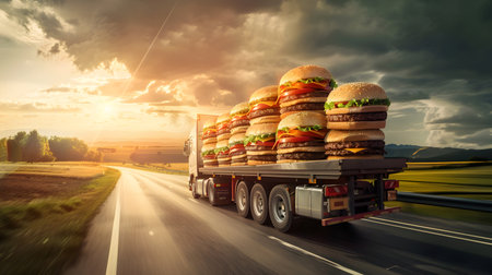 Cargo truck full of hamburgers on the road in the american countryside and sunset. Concept of high quality food products, cargo and shipping.の素材
