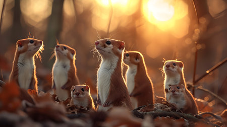 Weasel family in the forest with setting sun shining. Group of wild animals in nature.の素材