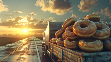 Truck with donuts on the road and the background of sunset.の素材